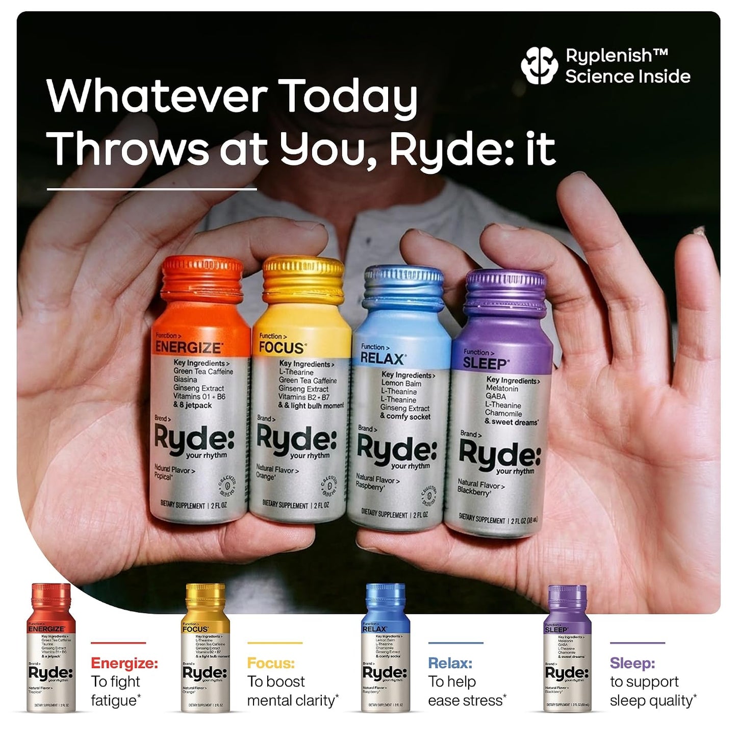 RYDE Variety Shots, Tropical, Orange &amp; Raspberry Flavors, 24 Pack | energy and focus support; calm support; three-flavor assortment; daily wellness supply; vegan zero calorie