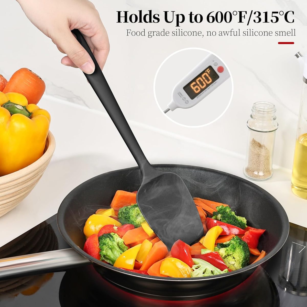 600ºF Heat Resistant Spatula, 11.34 inch High Heat Food Safe Semless Kitchen Silicone Spoon Spoonula Scraper for Cooking Baking Mixing Scraping Stirring Nonstick Cookware Pan Bowl (Black)