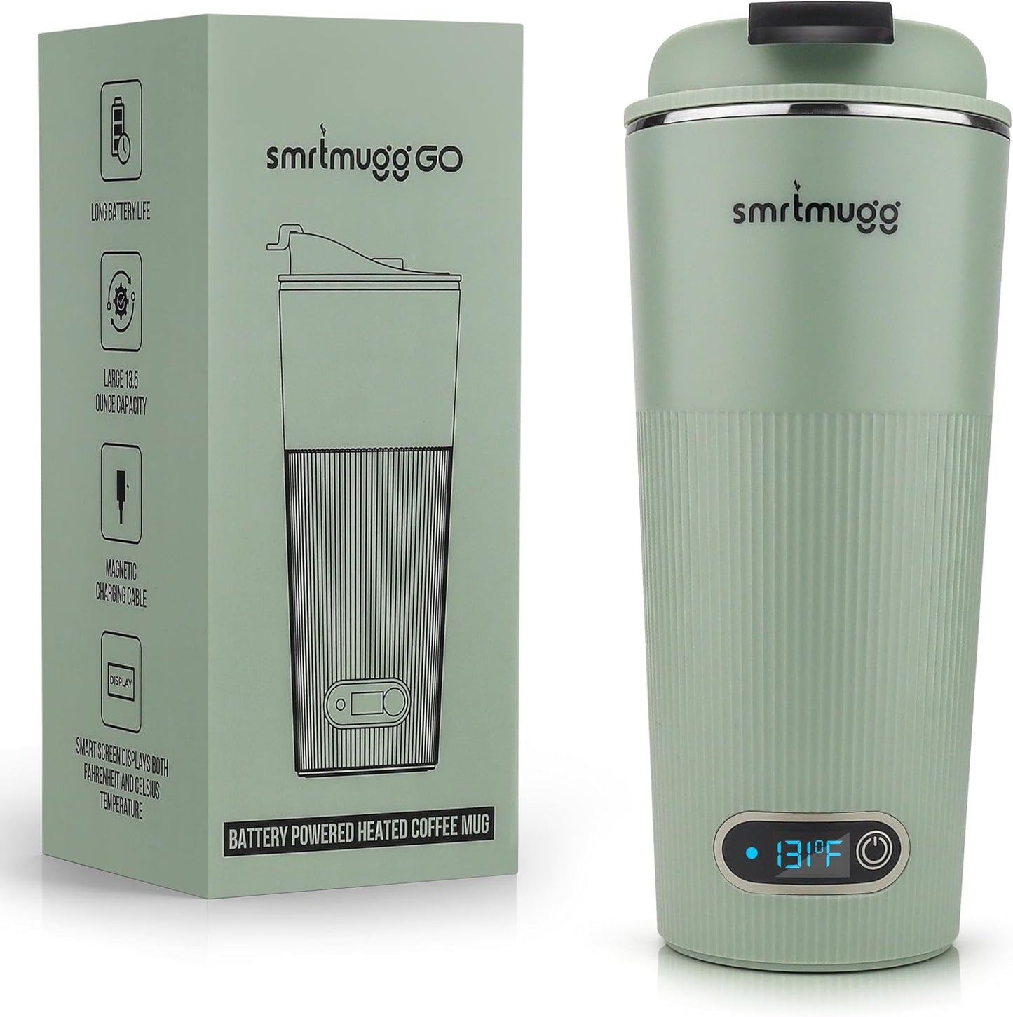 SmrtMugg GO Heated Coffee Mug, Travel Mug, 13.5 OZ. Smart Mug, Battery Powered Heated Coffee Mug, Great for Coffee and Tea, Snap on Magnetic Charging Cord, New and Improved (Mint Green)