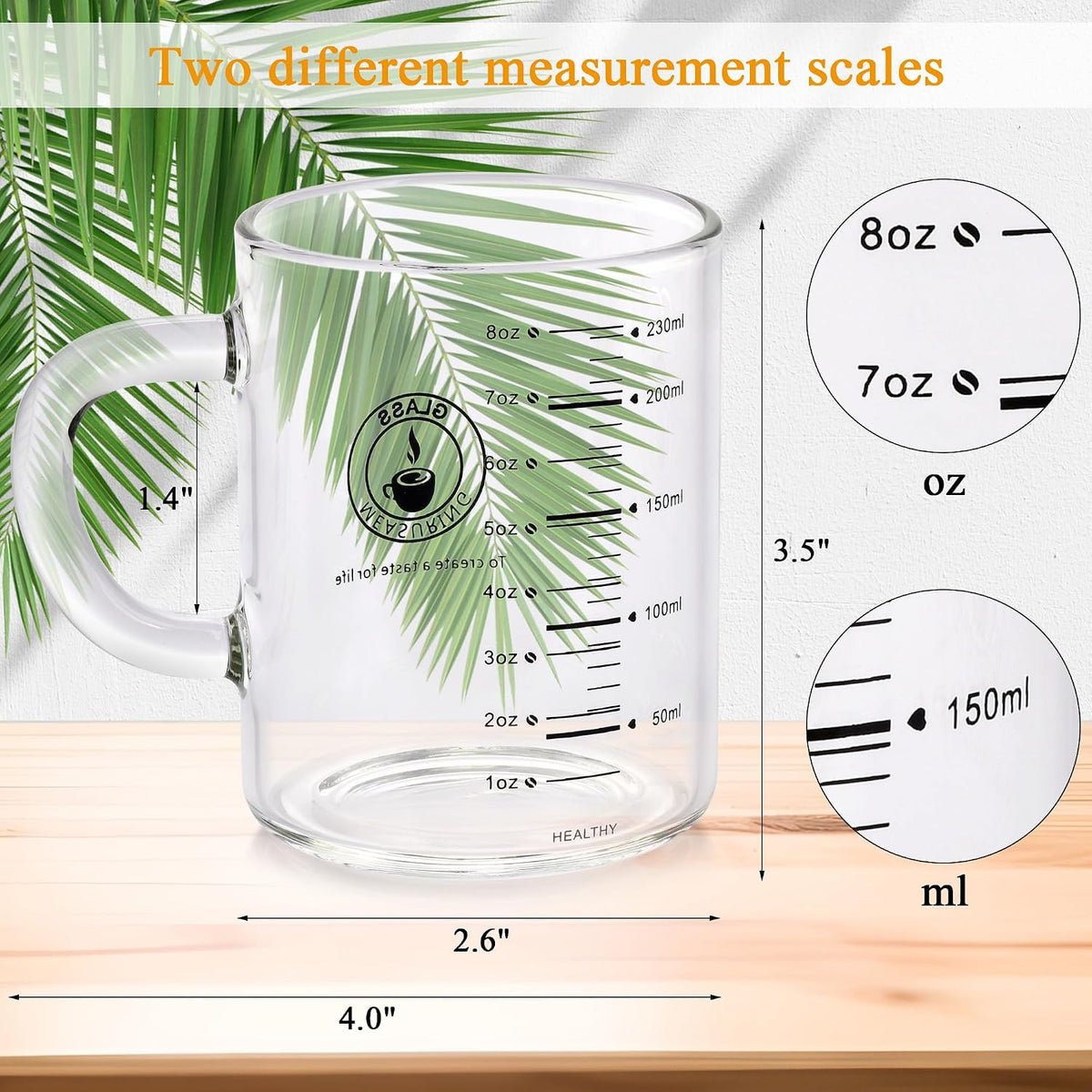 8 Oz Glass Measuring Cup, Espresso Shot Glasses, Clear Coffee Mugs for Hot or Cold Drinks With Handle, Microwave Safe Graduated High Borosilicate Cup (Black)