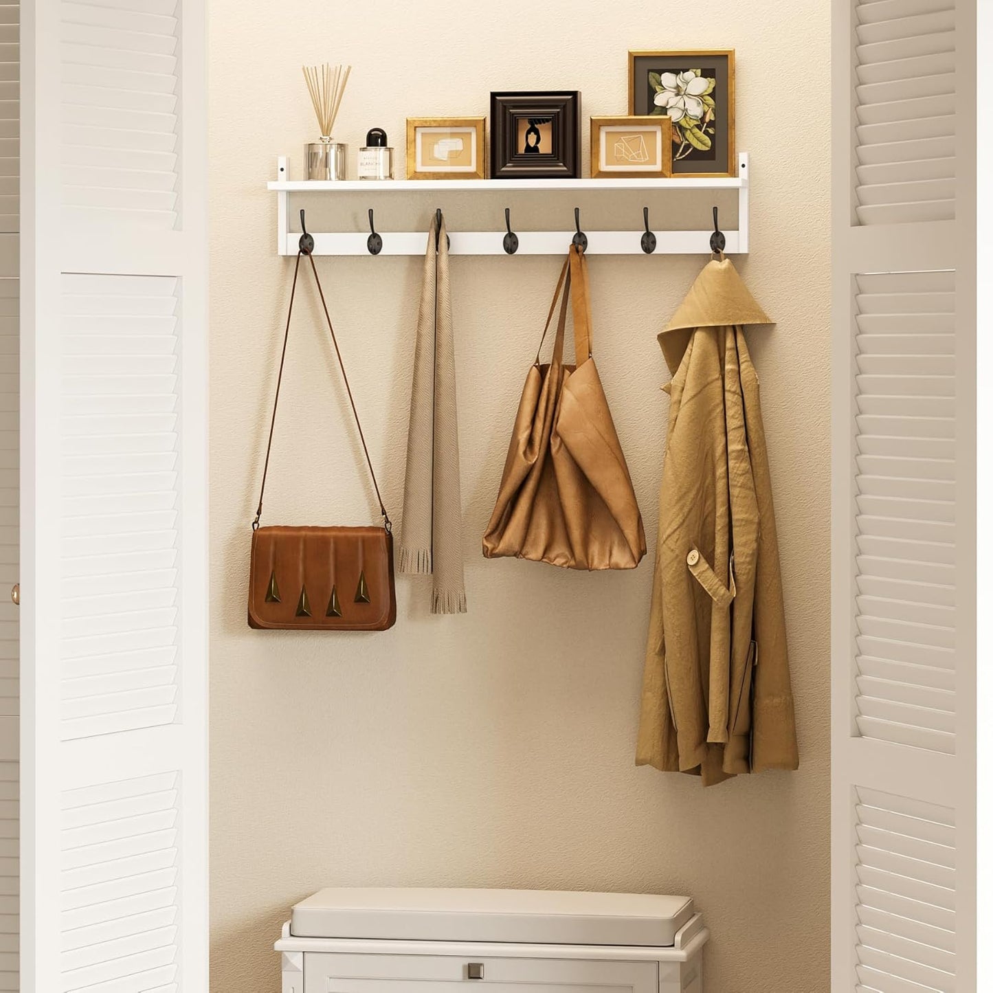 BAMEOS 35" L Wall Hooks with Shelf, Entryway Coat Hooks for Wall with Shelf, Wood Wall Hanging Shelf, Wall-Mounted Coat Rack with 7 Dual Metal Hooks for Bathroom, Kitchen, Living Room, Bedroom (White)