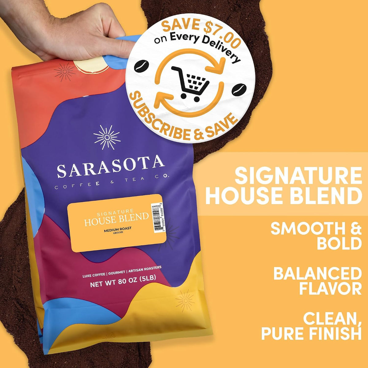 Sarasota Coffee Ground Signature House Breakfast Blend | Medium Roast Gourmet Coffee Grounds | Low Acid, Mold Free, Specialty Grade Bulk Ground | 5lb (80 oz)