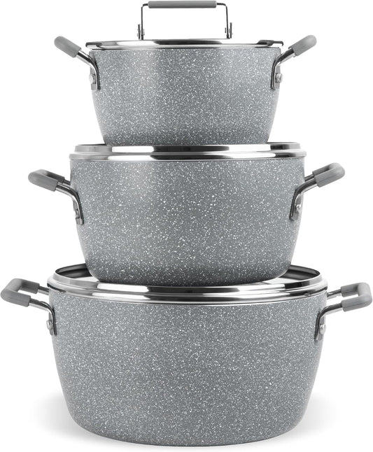 Granitestone Gray Pots and Pans Set Nonstick, 6 Stackable Piece Cooking Pots Set, Kitchen Pots, Non Stick Coating, 5qt 3