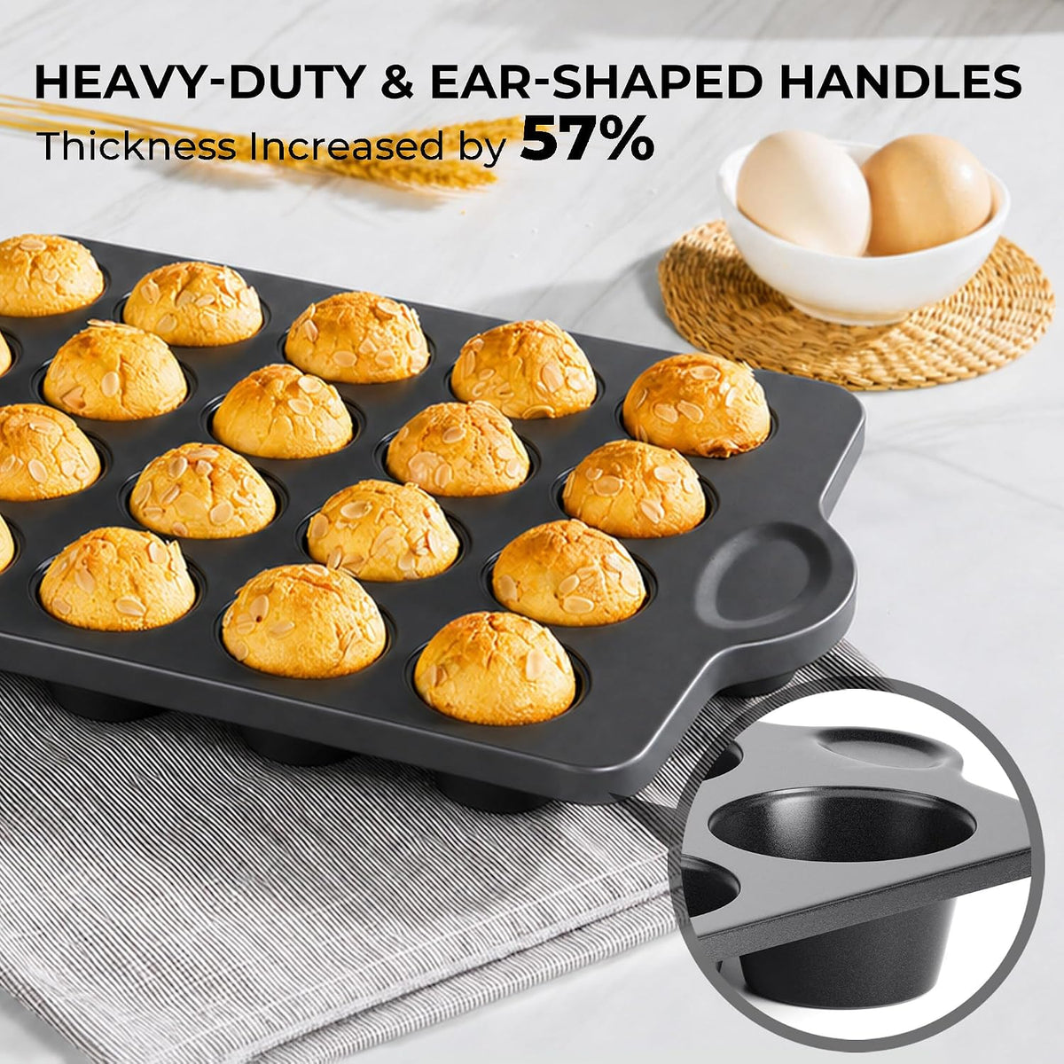 HONGBAKE Mini 24 Ceramic Muffin Pan Set, Nonstick Cupcake Pans with 240 Parchment Paper Liners, Non-toxic, Heavy-duty Small Cheesecake Tray with Ear Shaped Wider Grips, Gray