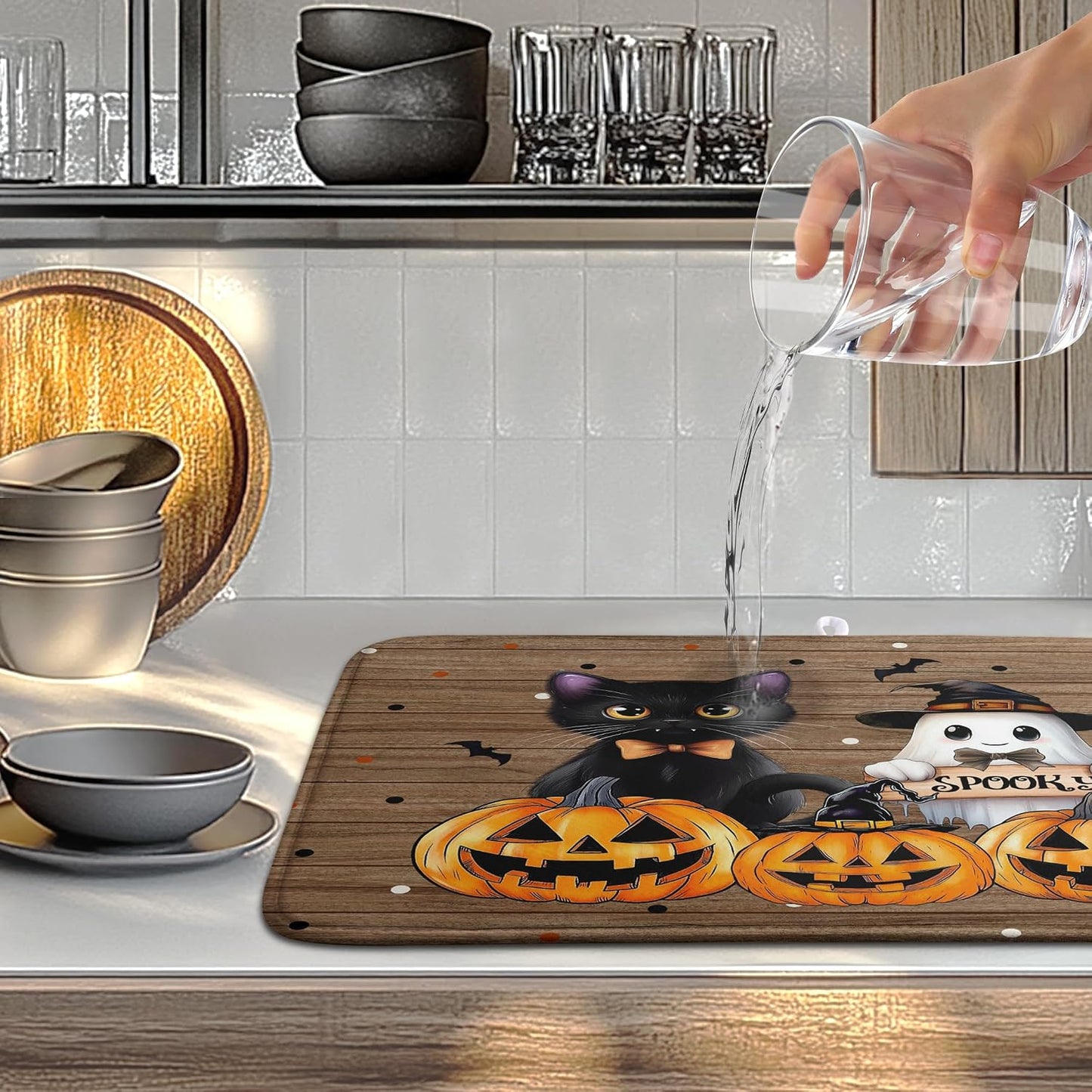 Halloween Spooky Pumpkin Dish Drying Mats Ghost Dish Mat Kitchen Cat Large Drying Matt Dishes Dryer Pad for Kitchen Counter Absorbent Microfiber Washable Foldable Reusable 18x24 in