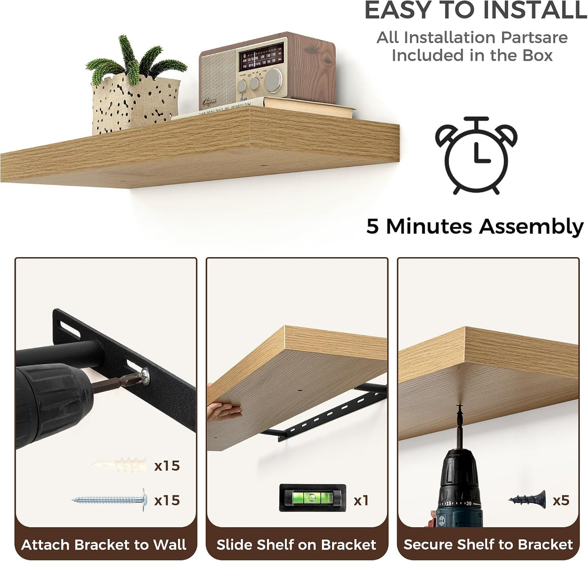24 Inch Floating Shelves for Wall, 9"D Wood Storage Shelves, Oak Finish
