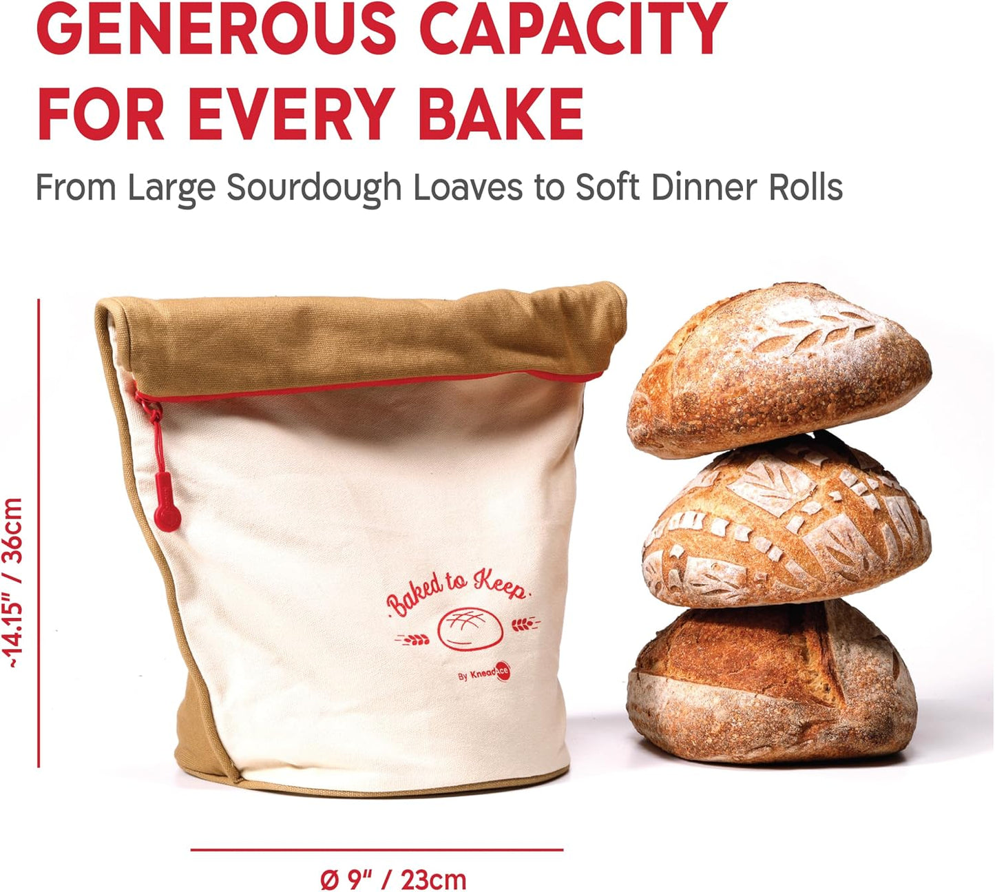 KNEADACE Sourdough Bread Bags for Homemade Bread, 2 Pack Reusable Cotton | Food-Safe TPU Lining, Freezer Safe, Machine Washable, Roll-Top with Zipper Closure, Eco-Friendly Bread Storage