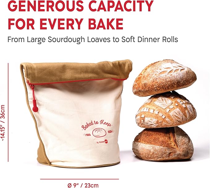 KNEADACE Bread Bags for Homemade Bread -Stylish Sourdough Bread Storage with Roll-Top Design, 100% Cotton & Food-Safe Lining, Eco-Friendly, Gift For Bakers & Home Bakers (2 Pack)