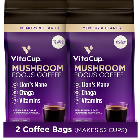 VitaCup Focus Mushroom Coffee Grounds, Vanilla Flavored Coffee with Lions Mane, Chaga, B Vitamins, D3, Boost Focus,