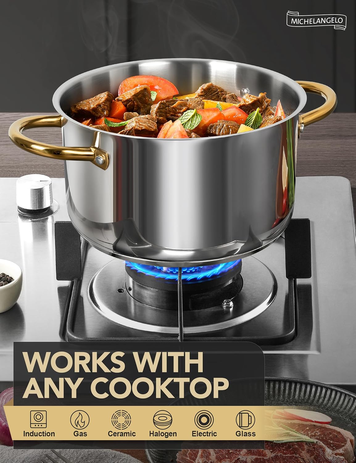 MICHELANGELO Stainless Steel Large Soup Pot With Lid - 10 Quart Stock Pot, Induction Compatible, Oven & Dishwasher Safe