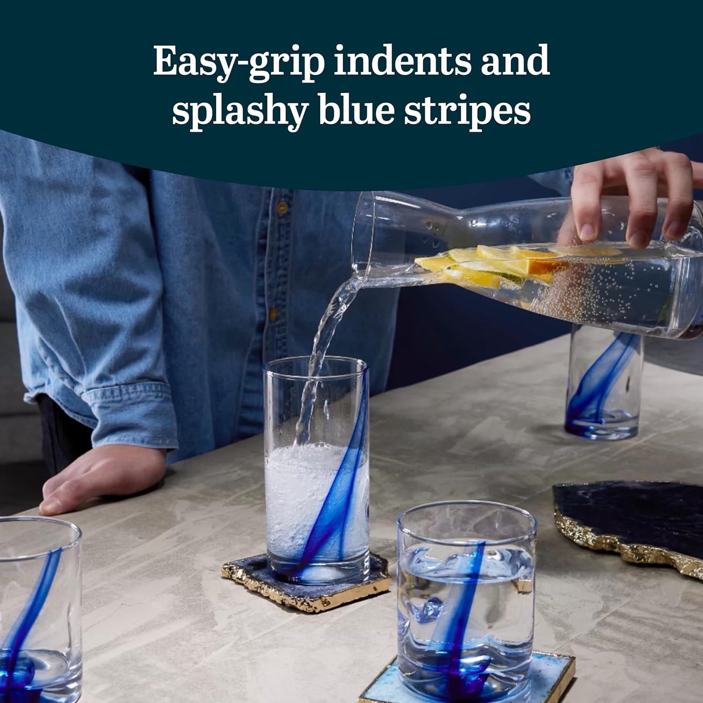 Blue Ribbon Tumbler &amp; Rocks Drinking Glasses Set of 16, Dimpled Cups | 16.75 oz and 12.5 oz Capacities for Water, Juice, Cocktails, and More with Blue Ribbon Design and Dishwasher-Safe Cleanup