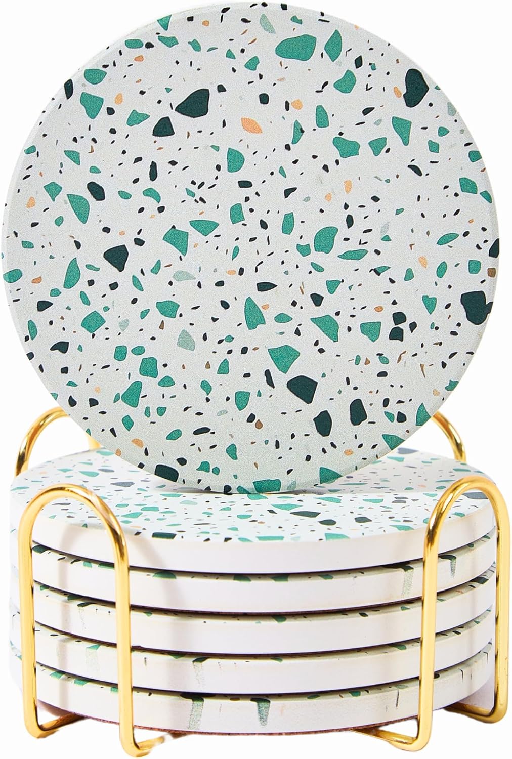Green Terrazzo Drink Absorbent Coasters with Holder Set of 6, Ceramic Coaster for Drinks, Coffee Tab