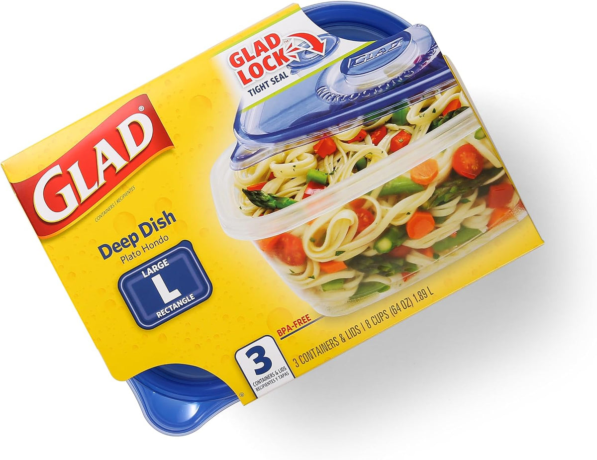 Glad GladWare Deep Dish Food Storage Containers, Large Rectangle - Meal Container Holds up to 64 Ounces of Food - Lock Tight Seal, 3 Count - 6 Pack