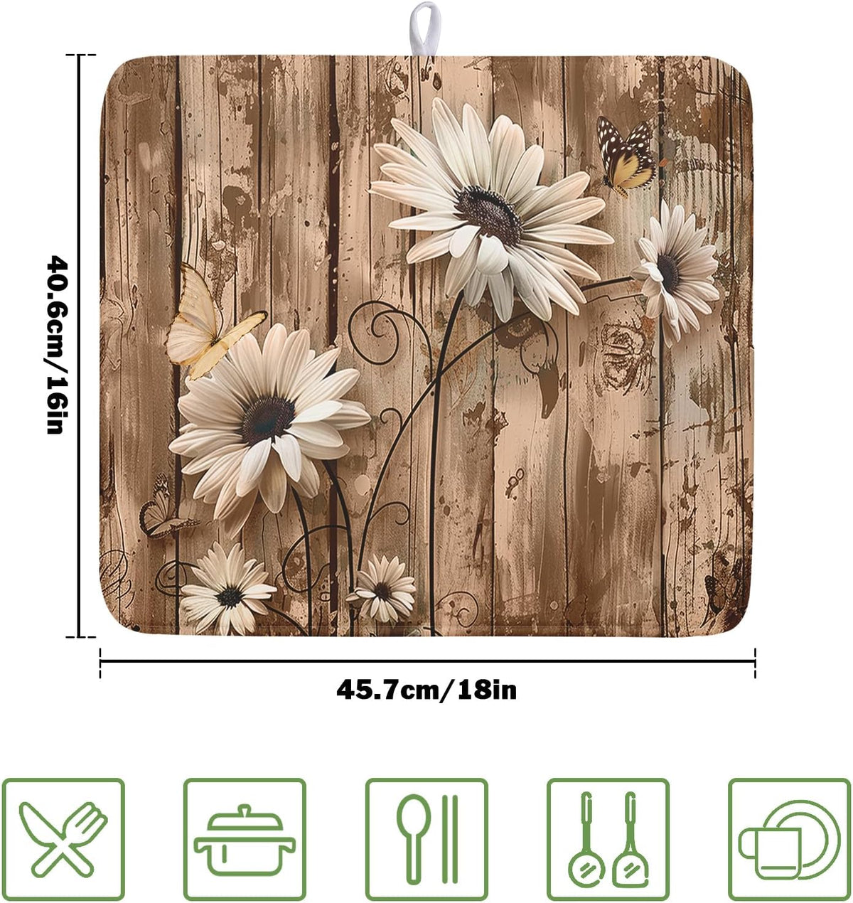 Summer Daisy Flowers Dish Drying Mat for Kitchen Counter 16x18in Rustic Wood Floral Kitchen Mat Daisy Microfiber Absorbent