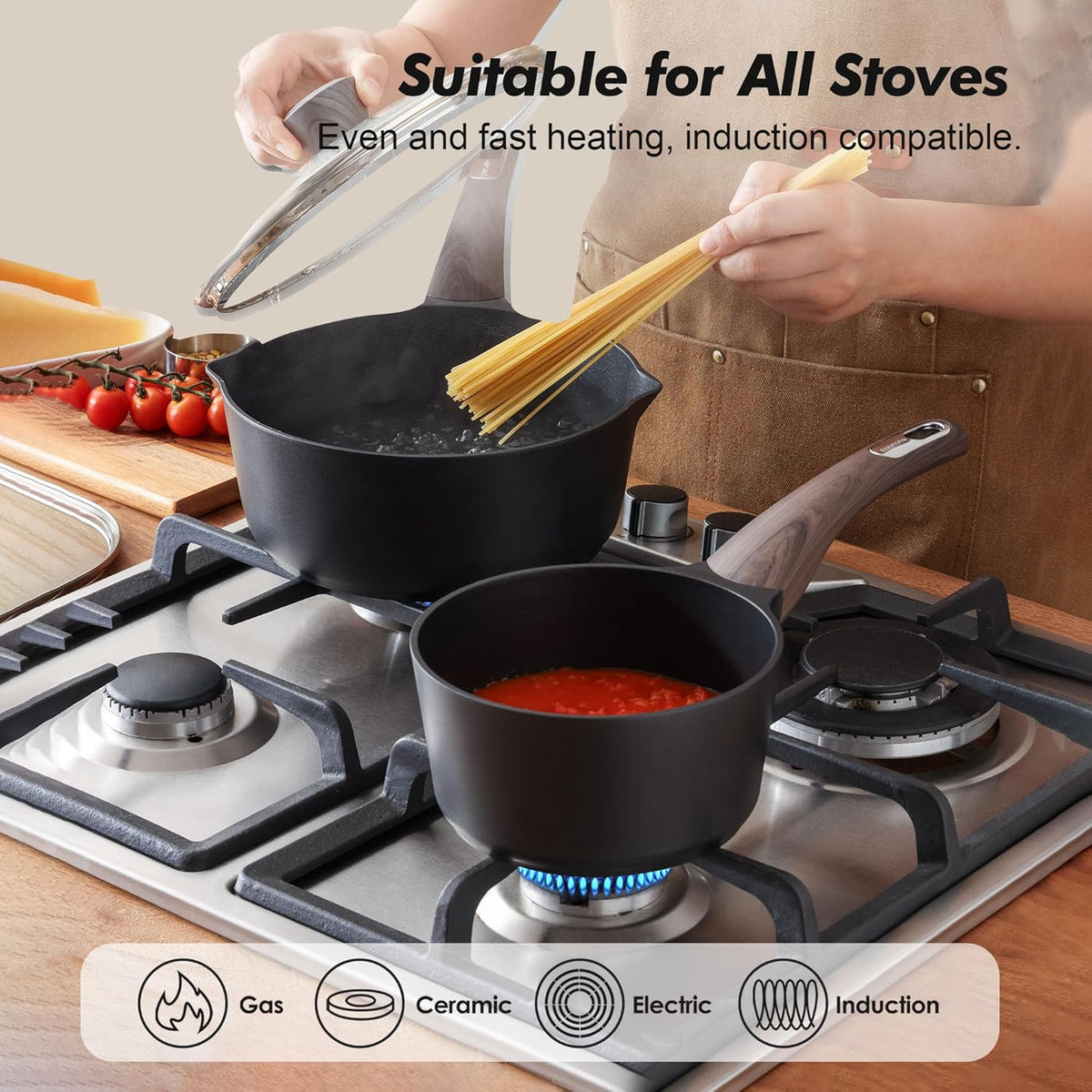 SENSARTE Nonstick Sauce Pan with Lid, 2.5 Quart Saucepan with Double Spout, Multipurpose Large Cooking Pot, Non toxic Kitchen Sauce Pot, Non stick Saucier Pan, Induction Comptable, PFOA Free