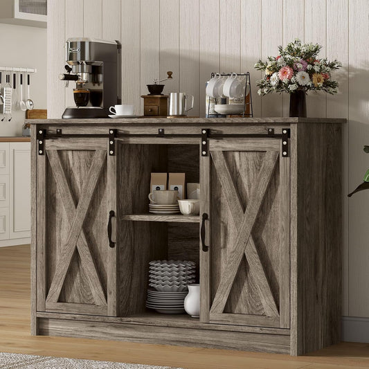 4 EVER WINNER Farmhouse Coffee Bar Cabinet with Sliding Barn Door, 42” Coffee Bar Table with Adjustable Shelves, Buffet
