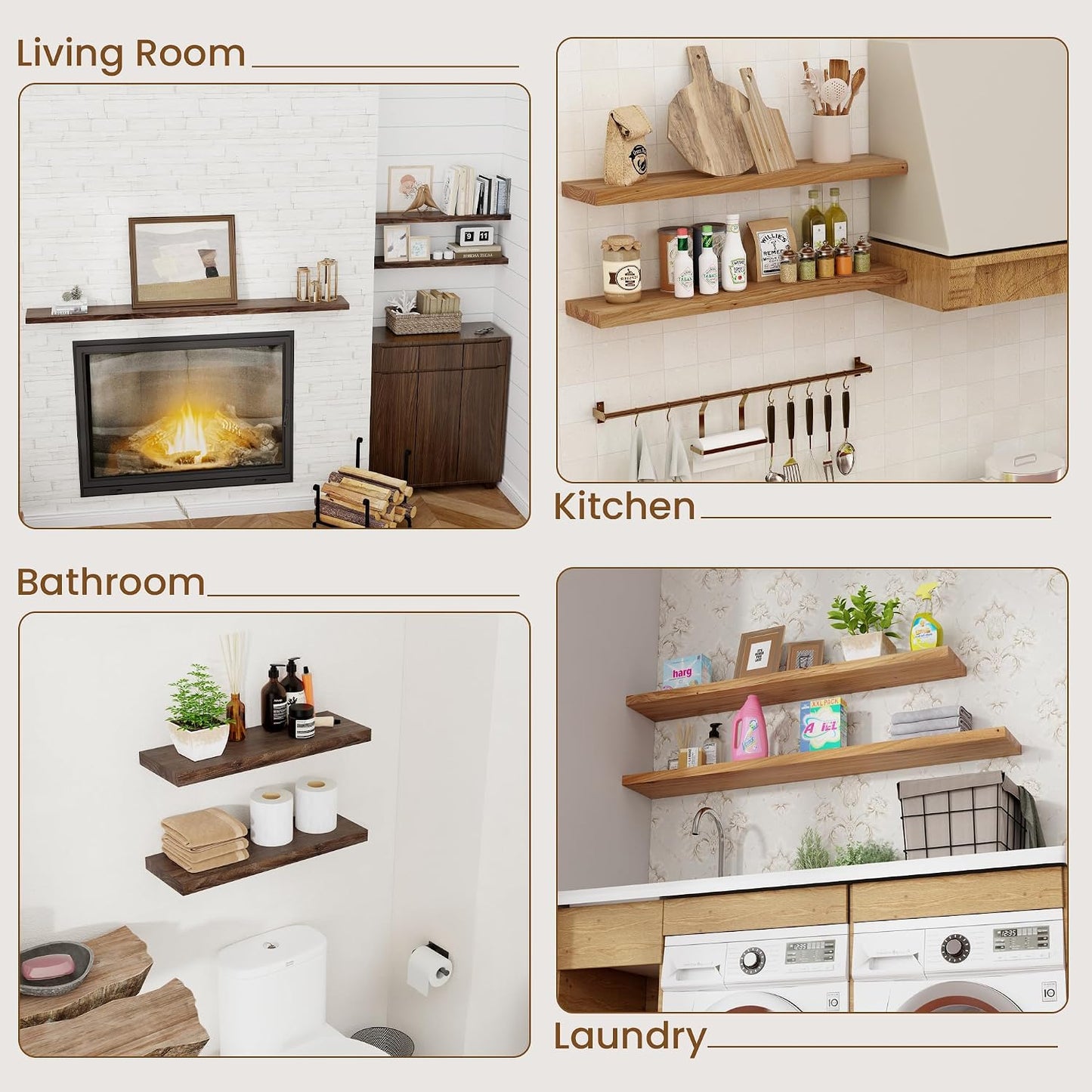 Floating Shelves for Wall Decor, 8" Deep Rustic Solid Elm Wood Floating Shelves Wall Mounted, Wall Shelves with Invisible Bracket for Living Room Bathroom Bedroom Kitchen, 32 Inch Set of 2, Natural