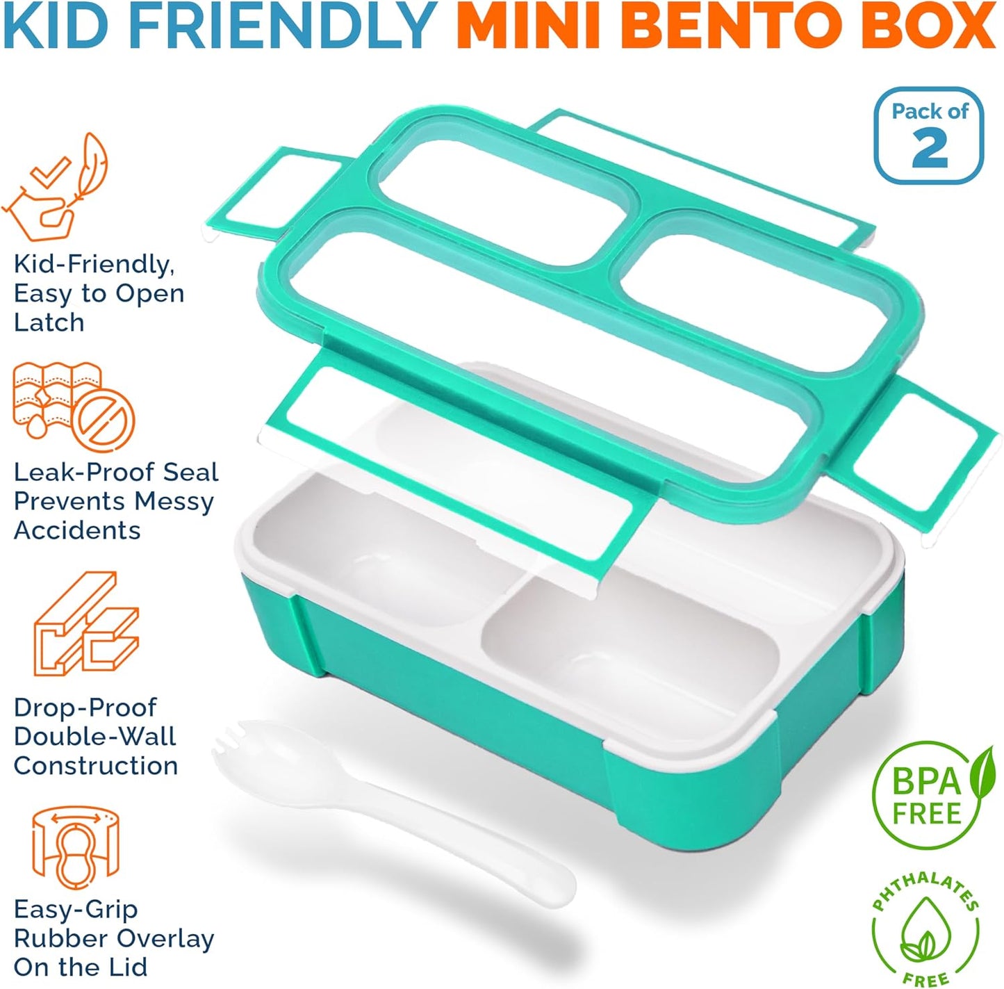kinsho Snack Container Boxes for Kids Toddlers, 2 Pack Teal Blue &amp; Orange | 3 Compartments, Leak-Proof, Spill Proof, BPA-Free Reusable Small Mini Bento Lunch Box for Daycare School Travel, Holds 2 Cups
