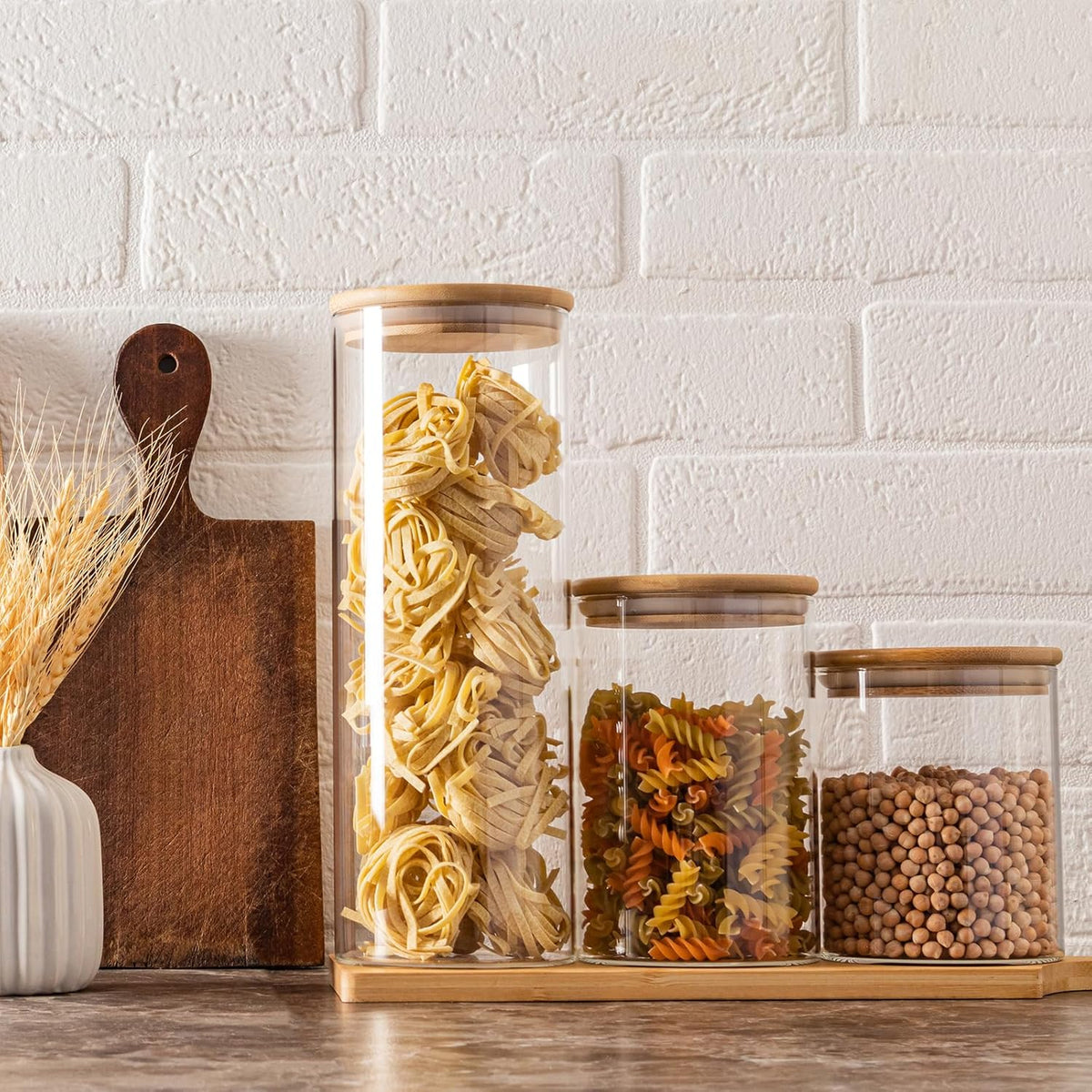 53oz Glass Food Storage Jars, Glass Jars with Bamboo Lids, Kitchen Storage Jars, Set of 4, Canisters with Airtight Lids for Spice, Coffee, Cookie, Pantry Organizers