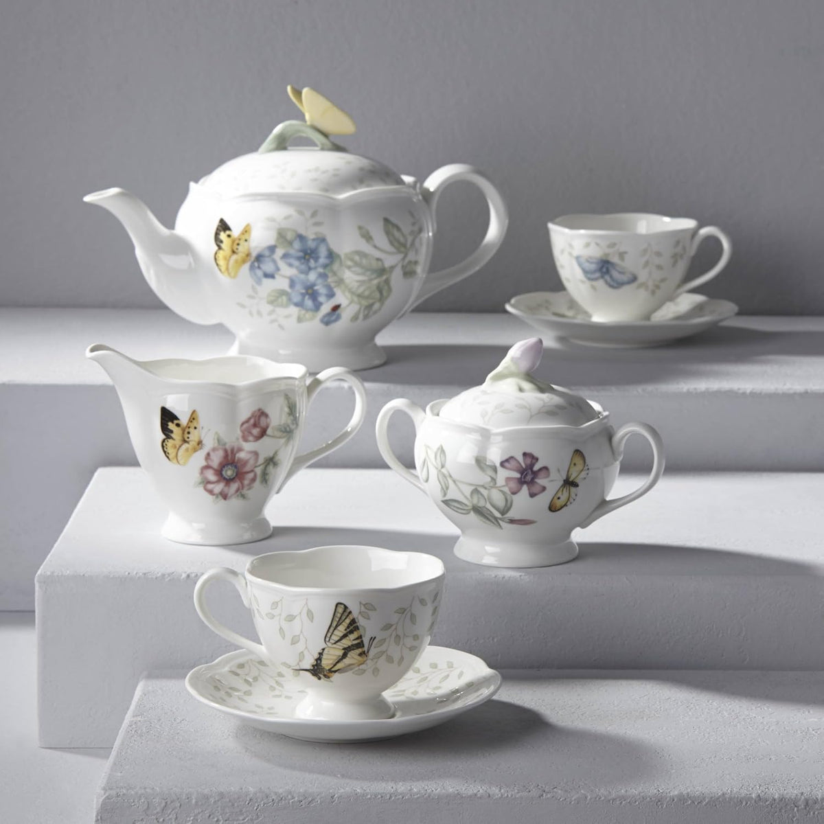 Lenox Butterfly Meadow Porcelain Teapot and Tea Cup Set, 9-Piece, 48oz | dishwasher safe | includes creamer, sugar bowl, 2 teacups, 2 saucers | floral tea party gift | 48oz, gift for women