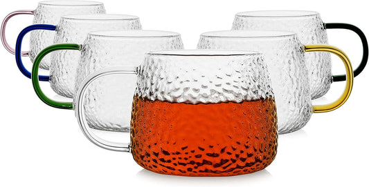 LUXU Hammered Tea Cups,Glass Coffee Mugs,Set of 6 Coffee Cups with Different Color Handles-15 oz,Prefect for