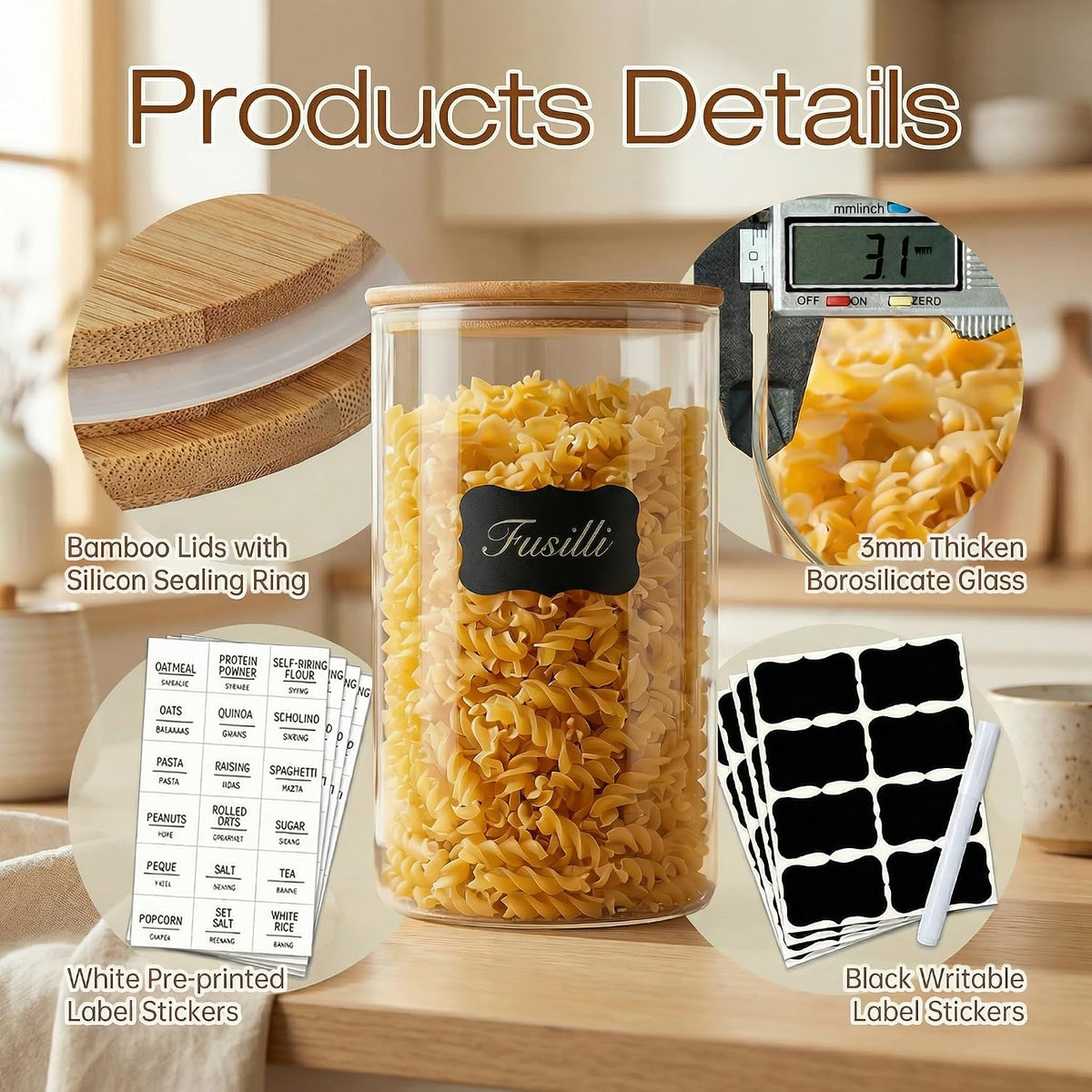 Large Glass Storage Containers with Bamboo Lids for Flour &amp; Sugar, 2 Pack
