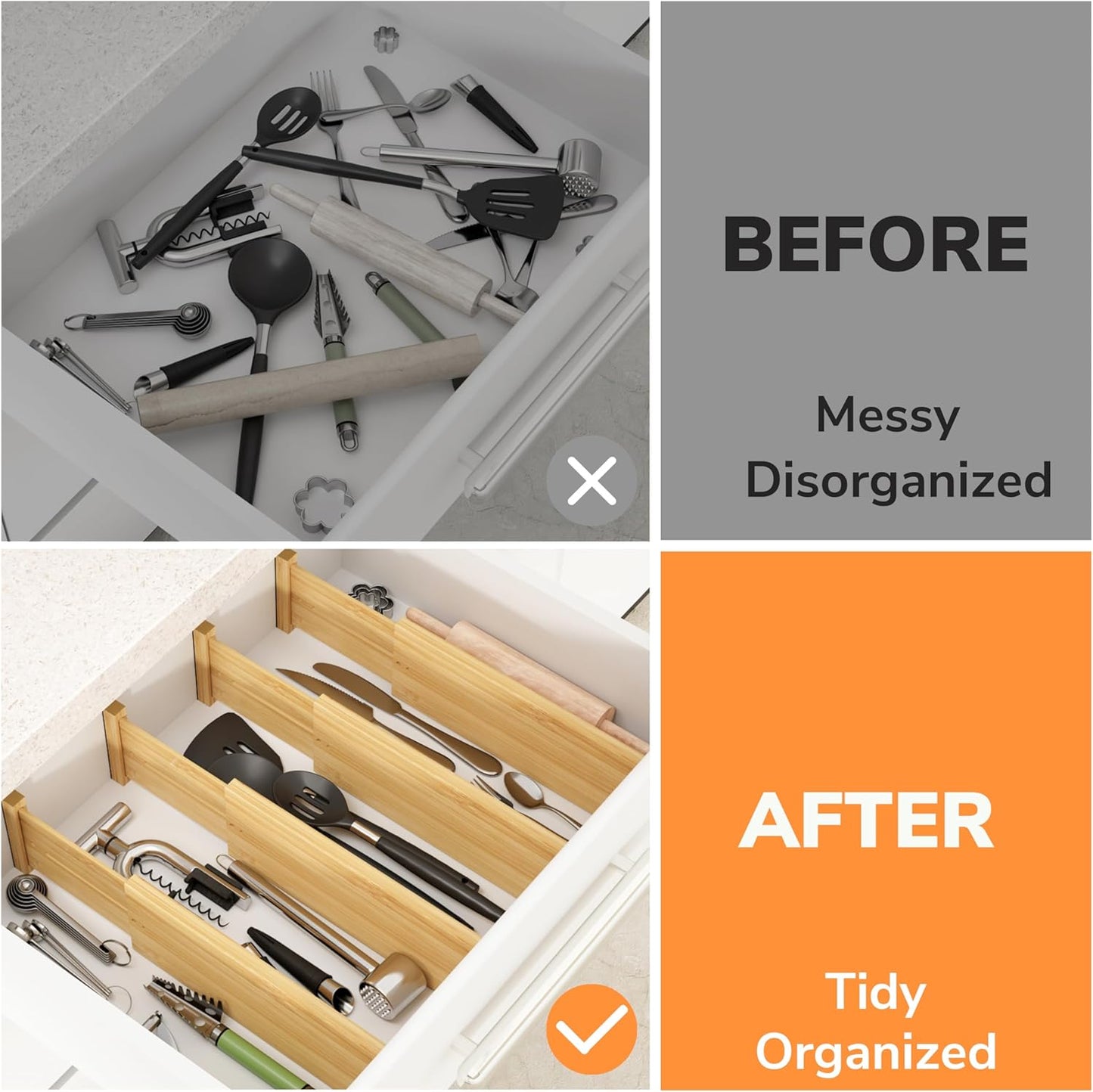 BAMEOS Bamboo Expandable Drawer Dividers – Fits 12.2"–17" Drawers, 4" Extra Deep Walls, Set of 4 | Tall Spring-Loaded Separator for Baby Dresser, Sock Drawer &amp; Bathroom Cabinet