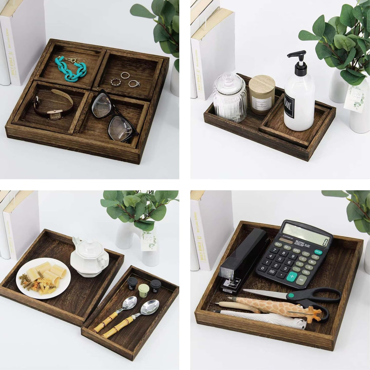 Wood Serving Tray with Handles for Breakfast in Bed, Coffee Table | 15.8 x 11 Inches Rectangular Pine Wood Decorative Tray, Ottoman Decorative Trays Platter for Living Room, Bar, Party
