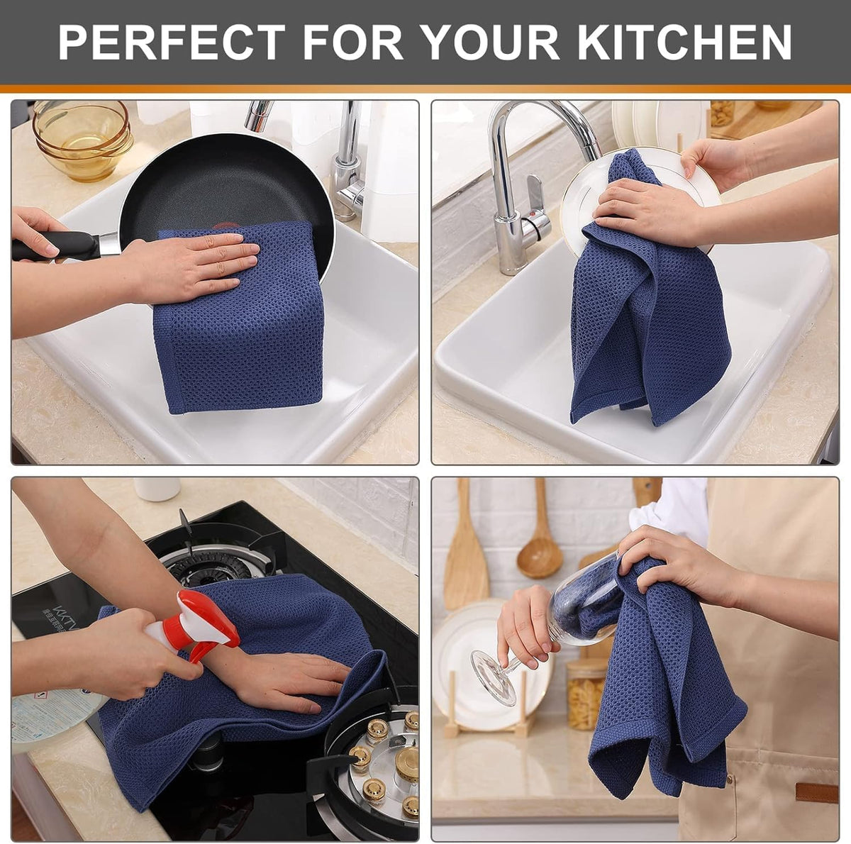 Kitinjoy 100% Cotton Waffle Weave Kitchen Towels, 12-Pack Super Soft and Absorbent Dish Towels for Drying Dishes, Kitchen Hand Towels, 13 in x 28 in, Navy Blue