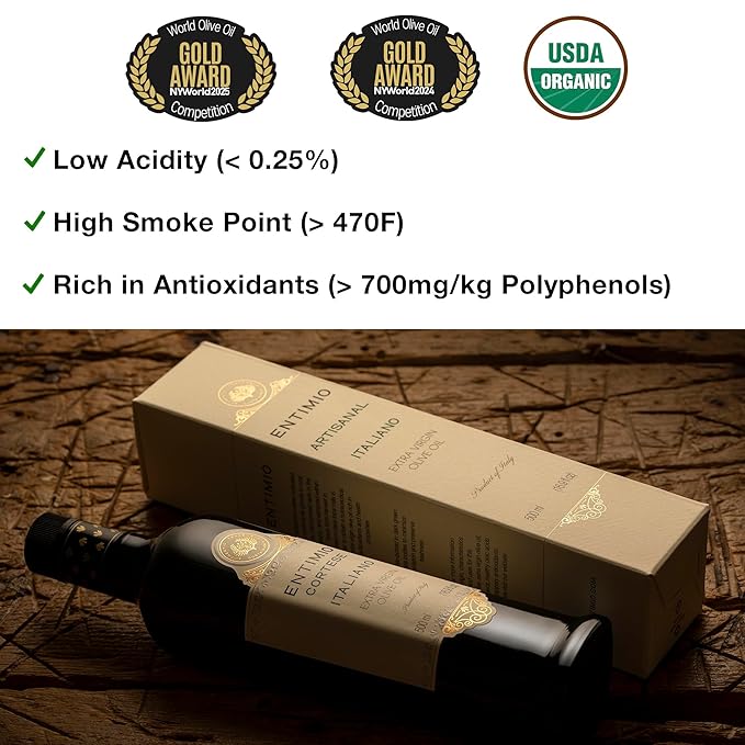 Entimio Cortese Organic Italian Extra Virgin Olive Oil from Italy, 700+ mg/kg High in Polyphenols, 2025 Gold Winner, Tuscany Early Harvest evoo, Cold Extracted, Lab Tested - 16.9 fl oz