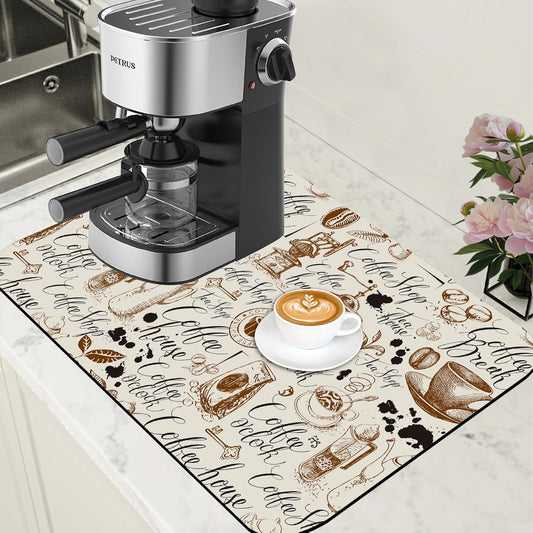 Dish Drying Mat Coffee House Coffee Bar Mat for Countertop Absorbent Rubber Backed Hide Stain Dish Drainer Rack Pad Espresso