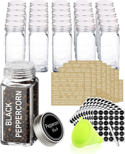 SWOMMOLY 25 Pcs 4 oz Glass Spice Jars with 703 Spice Labels and Shaker Lids