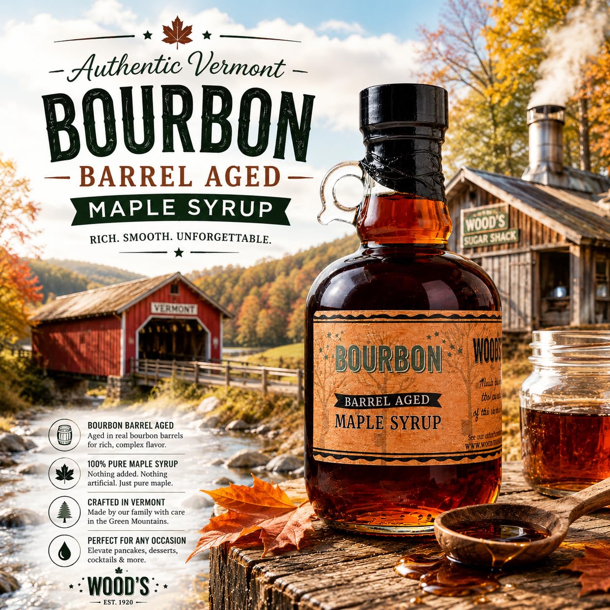 Wood's Vermont Bourbon Barrel Aged Maple Syrup – 100% Pure Grade A Dark Robust Maple Syrup, Small Batch Vermont Made, Oak Barrel Finished, Natural Sweetener for Pancakes, Cocktails, Coffee &amp; Baking, 8.45 oz
