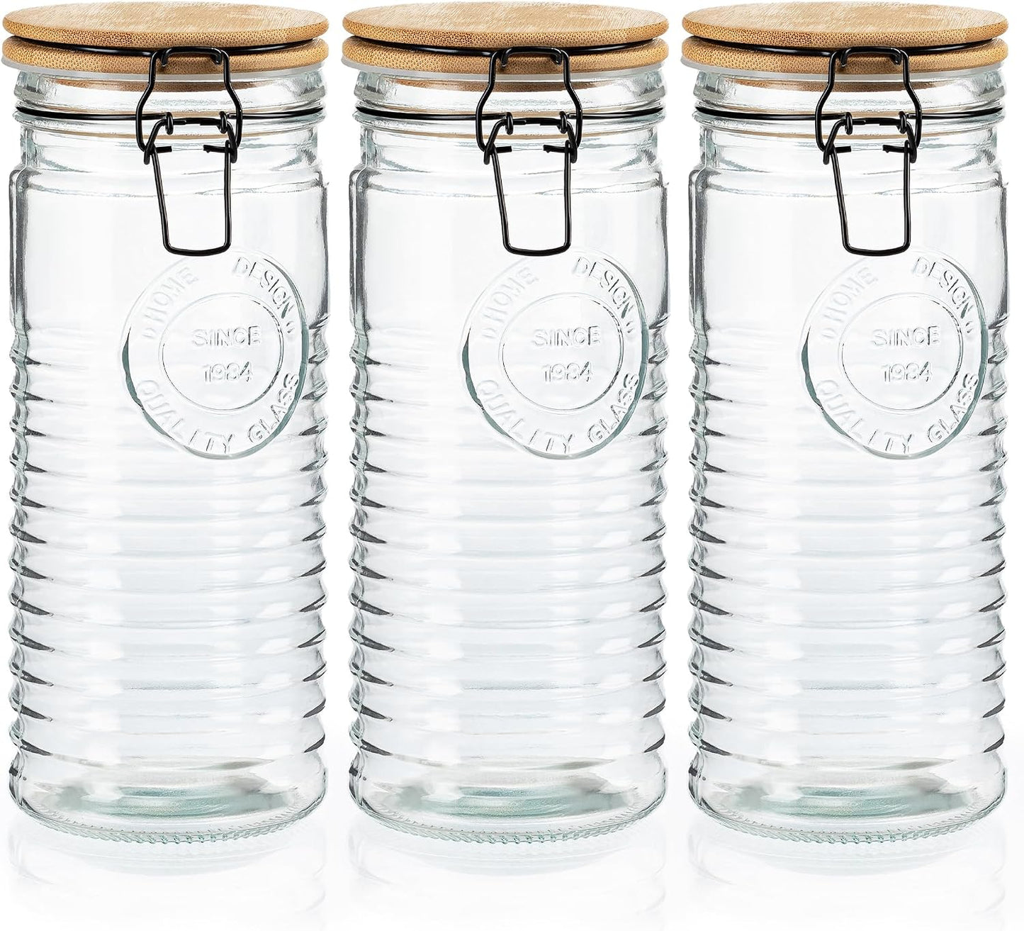 kitchentoolz Tall Glass Pasta Storage Containers with Airtight Clasp Lids - Set of 3 Glass Spaghetti Storage Containers for - 56 Ounce Pantry Organizing Canister Set - 9.75 Inch Tall
