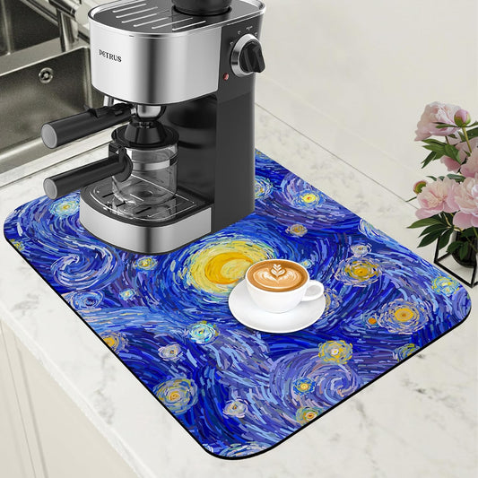 Starry Night Coffee Mat Absorbent Dish Drying Mat for Kitchen Counter Hide Stain Rubber Backed Coffee Bar Accessories Fit