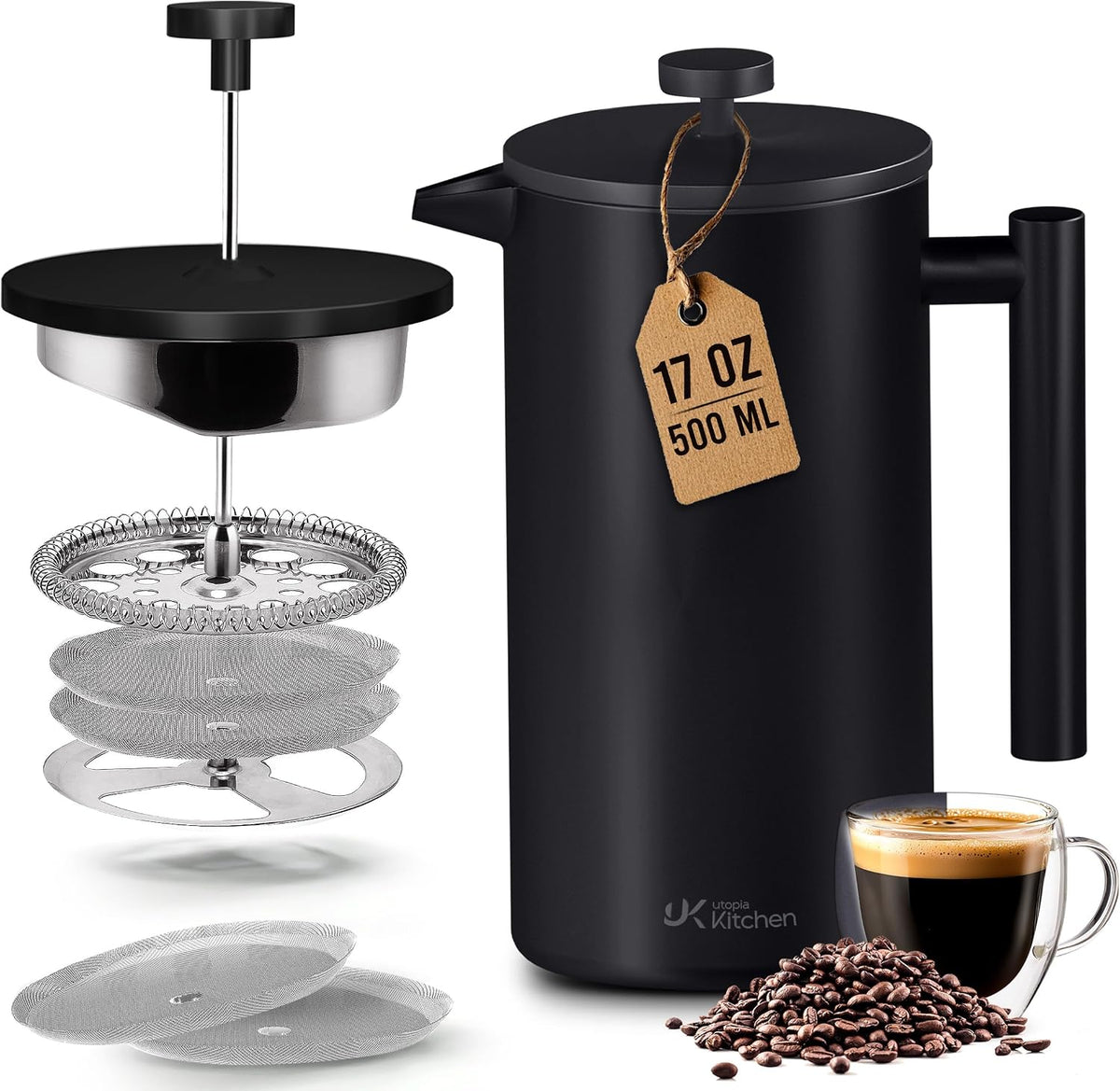 Utopia Kitchen 304 Grade Stainless Steel French Press 17 Oz, Black | Double Wall Insulated Coffee Press with 4-Level Filtration System, Include 2 Extra Filters, Rust-Free, Dishwasher Safe