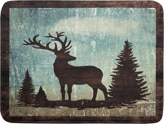 Retro Deer Forest Cabin Silhouette Dish Drying Mat Countertop 18x24 Fall Blue Sky Cloud Cartoon Elk Wild Animal Bushes