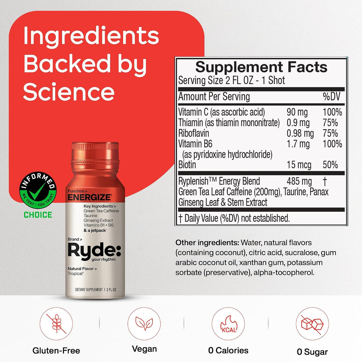RYDE Energize Energy Shot, Tropical Flavor, Zero Sugar, 2 fl oz, 24 Pack | fight fatigue; no sugar crash; daily energy supply; vegan gluten-free