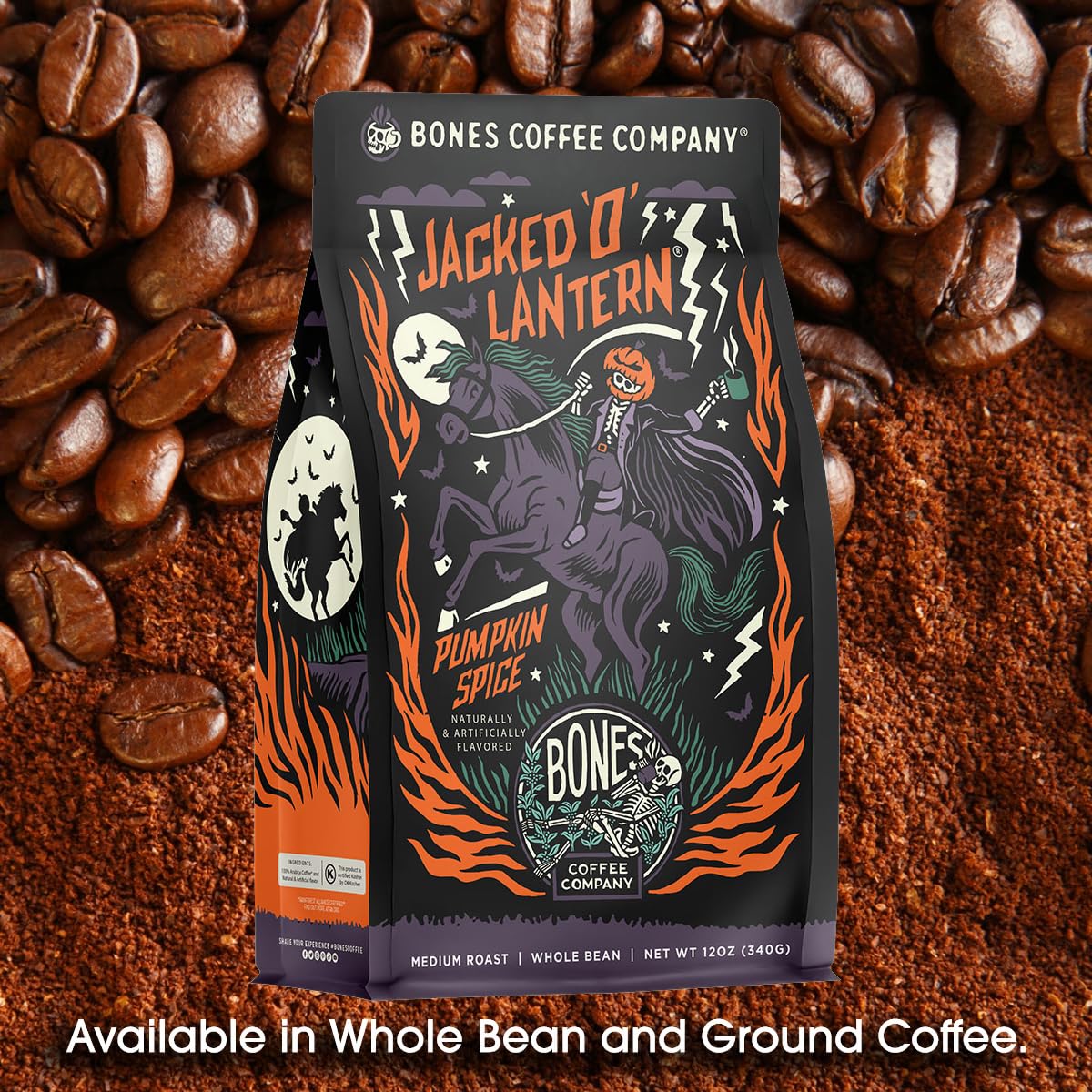 Bones Coffee Company Jacked 'O' Lantern, Pumpkin Spice Flavored Coffee, Medium Roast Low Acid Arabica Beans Compatible with Auto drip and French Press Coffee Maker, 12 Oz Ground