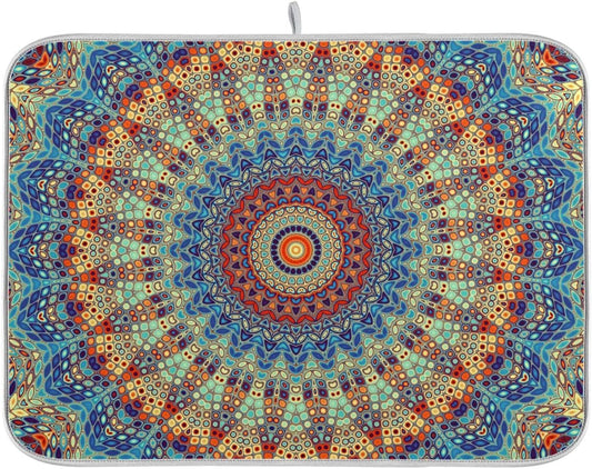 Bohemian Mandala Dish Drying Mat for Kitchen Counter Boho Ethnic Drying Mat 16 x 18 Inch with High Absorbent Reversible