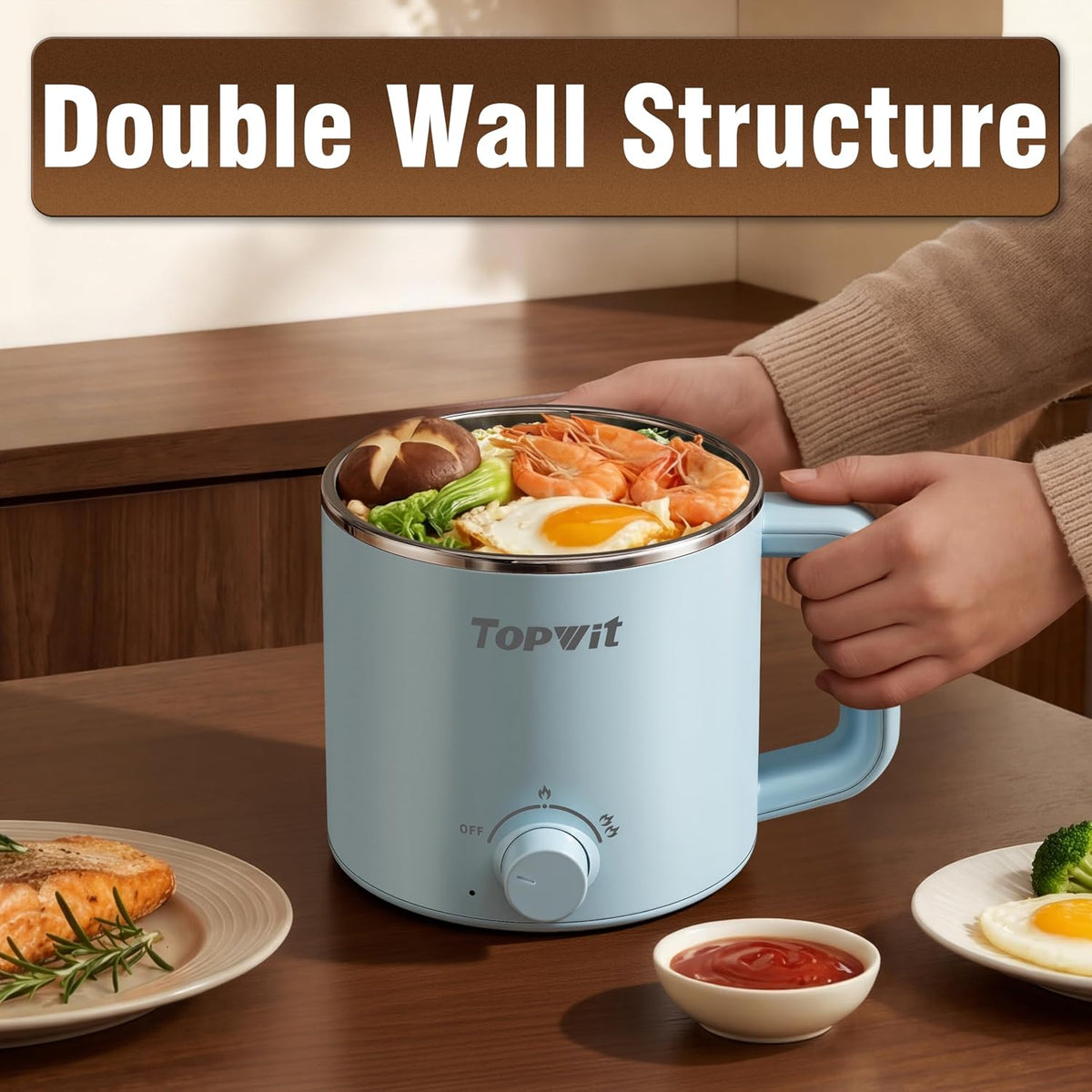 Topwit Hot Pot Electric, Electric Pot, 1.6L Ramen Cooker, Multifunctional Cooker for Pasta, Shabu-Shabu, Oatmeal, Soup and Egg with Over-Heating Protection, Boil Dry Protection, Blue