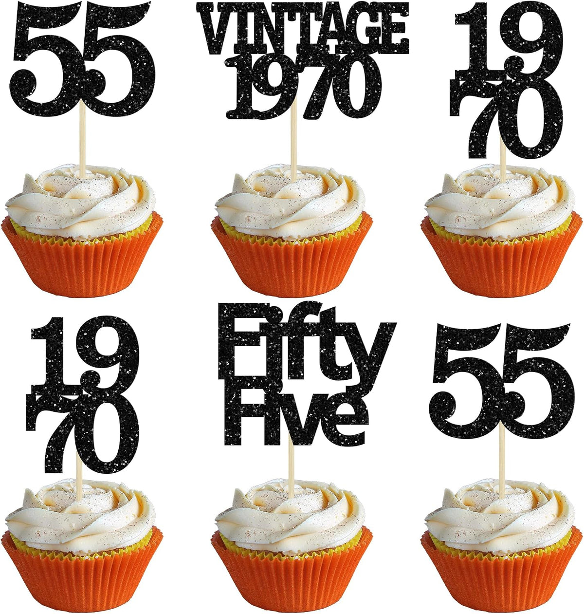 Gyufise 24Pcs Vintage 1970 Cupcake Toppers Glitter Cheers to 55 Fabulous Fifty Five Cupcake Picks 55th Birthday Wedding Anniversary Party Cake Decorations Supplies Black