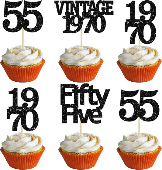 Gyufise 24Pcs Vintage 1970 Cupcake Toppers Glitter Cheers to 55 Fabulous Fifty Five Cupcake Picks 55th Birthday Wedding Anniversary Party Cake Decorations Supplies Black