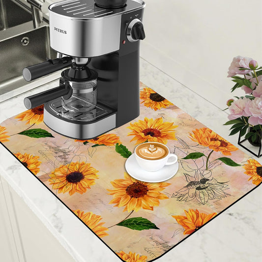 Dish Drying Mat Watercolor Sunflower Coffee Bar Mat for Countertop Absorbent Rubber Backed Hide Stain Dish Drainer Rack Pad