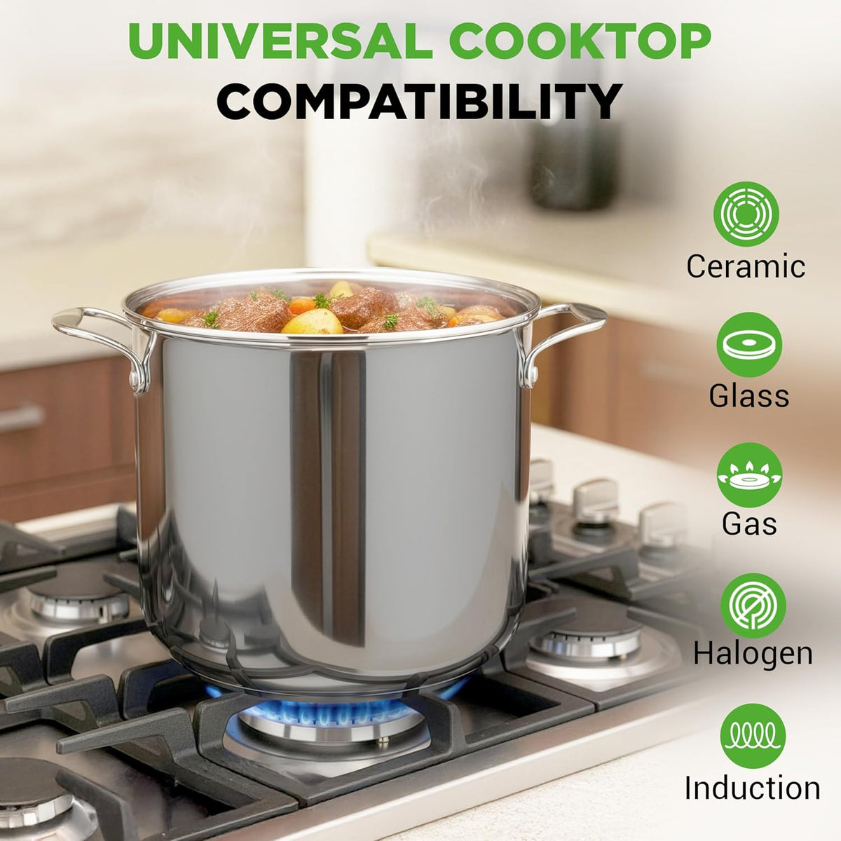 NutriChef 15-Quart Large Stainless Steel Stock Pot with Tempered Glass Lid - Induction Compatible Stockpot, Ideal for Stews & Soups, Dishwasher Safe