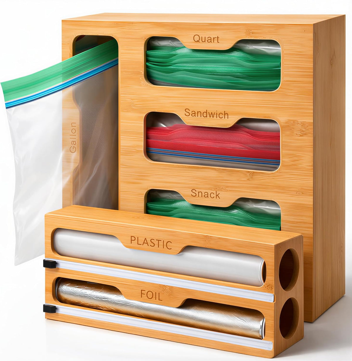 Bamboo Kitchen Storage Bag Organizer, Drawer Organizer with Foil Dispenser, Bamboo Organizer for Sandwich Bags, Plastic Wrap, Baggie and Foil, Premium Kitchen Drawer Organizer