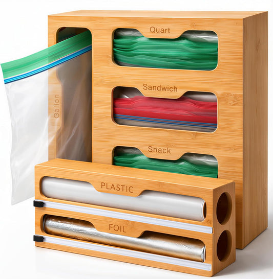 Bamboo Kitchen Storage Bag Organizer, Drawer Organizer with Foil Dispenser, Bamboo Organizer for Sandwich Bags, Plastic Wrap, Baggie and Foil, Premium Kitchen Drawer Organizer