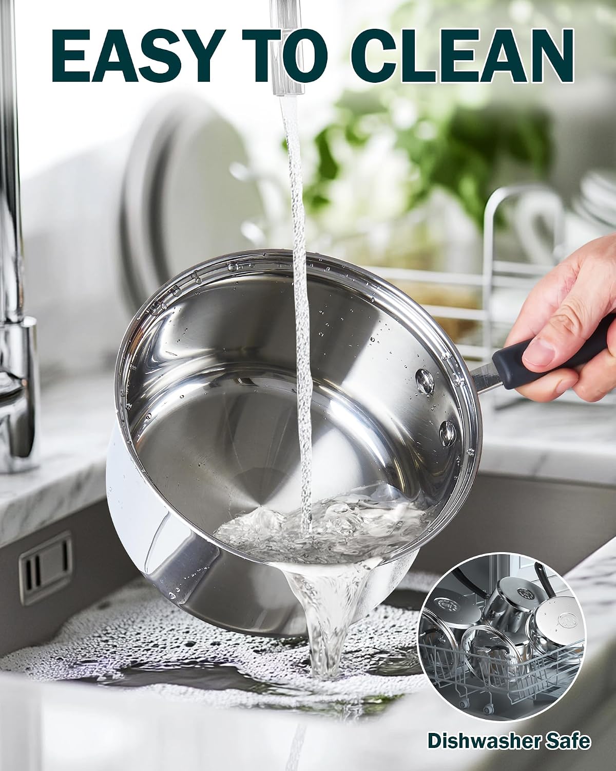 Cook N Home 1 &amp; 2 Quart Stainless Steel Saucepan Sets with Lid, Induction Compatible Milk Pots, Stay-Cool Silicone Handle, Mirror Polished 18/10 Cookware, Dishwasher Safe