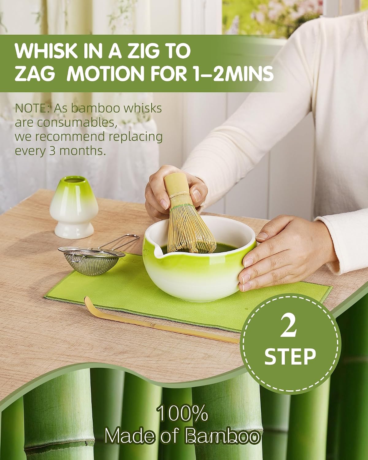 ZENS Premium Matcha Whisk Set, 6pcs Matcha Kit for Tea Ceremony, Green
