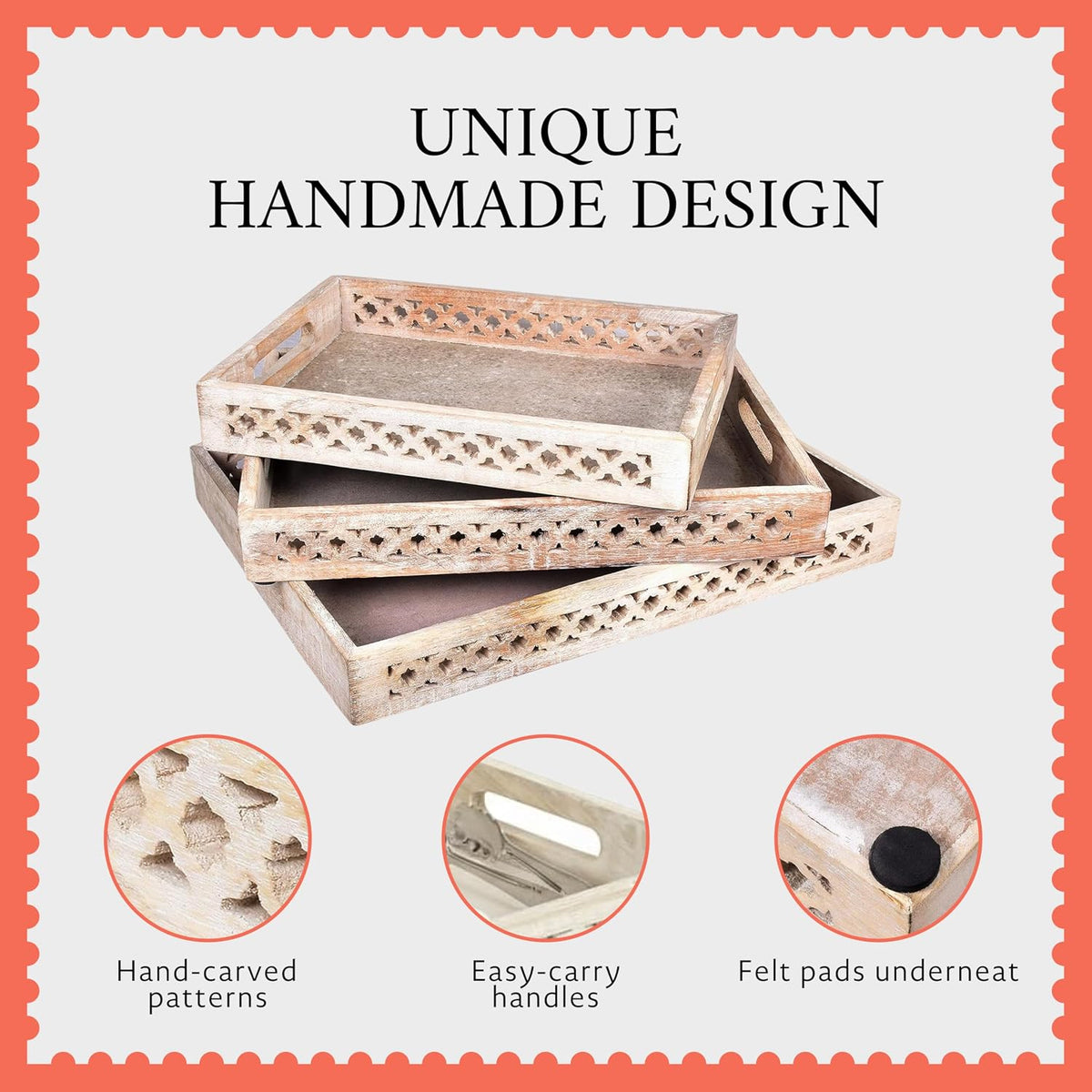 Mela Artisans Trellis Mango Wood Serving Tray - Whitewash, 16x12 in | Handcrafted wooden tray with handles for coffee table accents, kitchen countertop storage, snacks and general home decor.